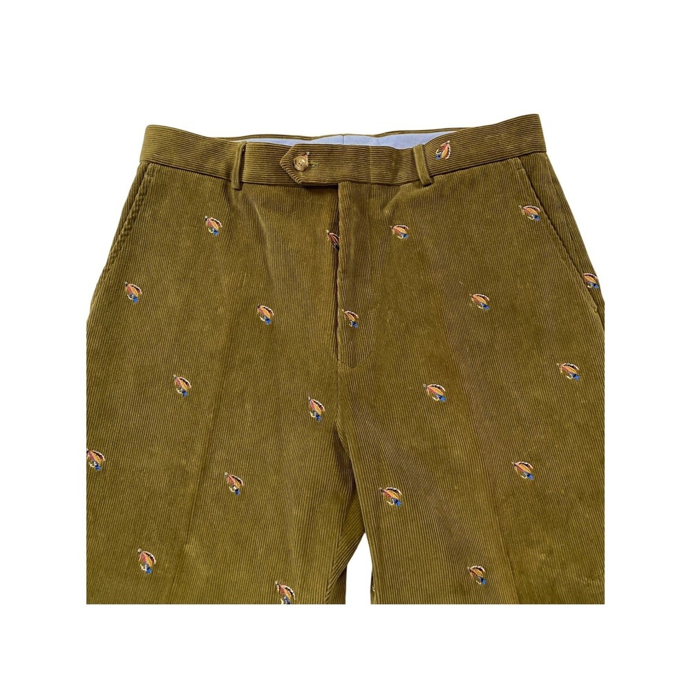 J McLaughlin Mens 36 Olive Green Corduroy Fly Fishing Lure Embroidered Pants